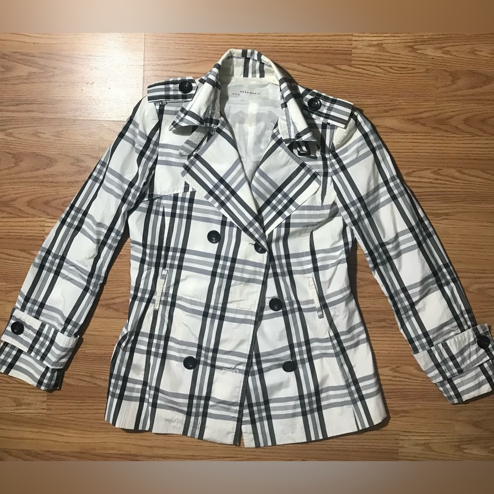 Zara Basic Plaid Pea Coat Medium Lightweight Doub… - image 1